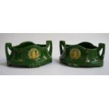 PAIR OF EICHWALD POTTERY TABLE TROUGHS of shaped oval form with geometric handles and embossed
