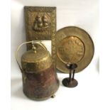 SELECTION OF BRASS ITEMS comprising of wall mirror with embossed galleon decoration, a circular wall