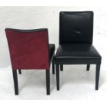 SET OF SIX DINING CHAIRS covered in black faux leather with faux raspberry suede backs, standing