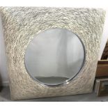 VERY LARGE WALL MIRROR in a square textured frame around a circular beveled plate, 140cm x 140cm