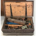 VINTAGE STAINED PINE TOOL CHEST with a moulded lift up lid revealing a selection of vintage tools,