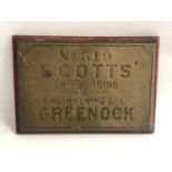 VINTAGE SCOTTISH SHIPBUILDER'S BRASS PLAQUE marked 'No. 519 Scotts' Shipbuilding and Engineering Co.