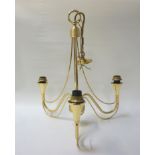BRASS CHANDELIER with suspension chain and central column with three shaped arms, 61cm high