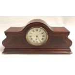FRENCH INLAID MANTEL CLOCK in shaped inlaid mahogany case, the silvered circular dial with roman