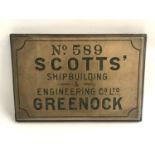 VINTAGE SCOTTISH SHIPBUILDER'S BRASS PLAQUE marked 'No. 589 Scotts' Shipbuilding and Engineering Co.