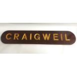 SHAPED MAHOGANY NAME PLATE for Craigweil, the reverse for Clarelle, possibly a house name plate,