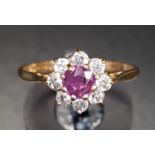 RUBY AND CZ CLUSTER RING on nine carat gold shank, ring size M-N