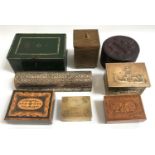 SELECTION OF EIGHT BOXES including brass and metal bound, inlaid wood and leather examples,