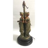 GILT METAL AND PAINTED TABLE LAMP decorated with three Grecian style maidens wearing robes around