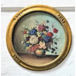 H. SHAW Vase of flowers, still life, oil on circular board, 49cm diameter