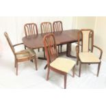TEAK EXTENDING DINING SUITE the table with a shaped pull apart top revealing a fold out leaf,