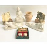 SELECTION OF ALABASTER AND STONE ITEMS comprising three Buddha figures in various repose, a pair