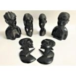 FOUR AFRICAN CARVED HARDWOOD BUSTS together with two relief carved busts (6)