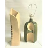 TREMAEN POTTERY LAMP of irregular abstract shape with a mottled green and cream glaze, 51cm high,