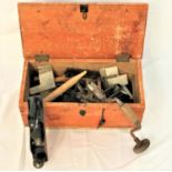 WOODEN TOOL BOX with a lift up lid revealing a selection of tools, including a plane, braddle,