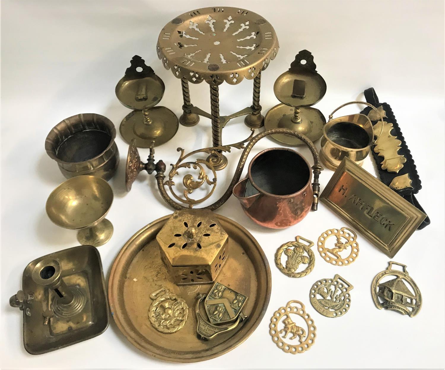 LARGE SELECTION OF BRASS AND COPPER WARE including a pierced trivet, engraved name plate 'H.