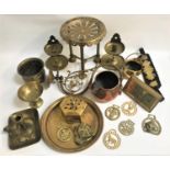 LARGE SELECTION OF BRASS AND COPPER WARE including a pierced trivet, engraved name plate 'H.