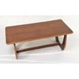 RETRO LAMINATED TEAK OCCASIONAL TABLE with a moulded rectangular top standing on shaped end supports