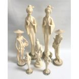 SET OF SEVEN JAPANESE RESIN FIGURES depicting a pair of Geisha's, 48.5cm high, a fisher-woman