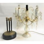 GLASS TABLE TOP CHANDELIER the five arms with drops and swags, 41cm high; together with a brass