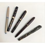 SELECTION OF FIVE VINTAGE FOUNTAIN PENS including a Lady Sheaffer Paisley blue and gold, Cotswold