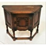 17th CENTURY STYLE OAK CREDENCE TYPE CUPBOARD/TABLE with a shaped moulded top above a carved panel