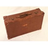 VINTAGE LEATHER SUITCASE with reinforced corners and carry handle, embossed H.G.V. 72.5cm wide