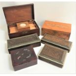 SEVEN VARIOUS WOODEN BOXES including a mahogany specimen box with three lift out trays, three carved