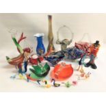 A GOOD SELECTION OF VENETIAN AND OTHER GLASSWARE including a mottled glass fish and basket, a