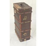 VINTAGE WOOD AND METAL BANDED TRAVEL TRUNK with leather side carrying handles, 93cm wide