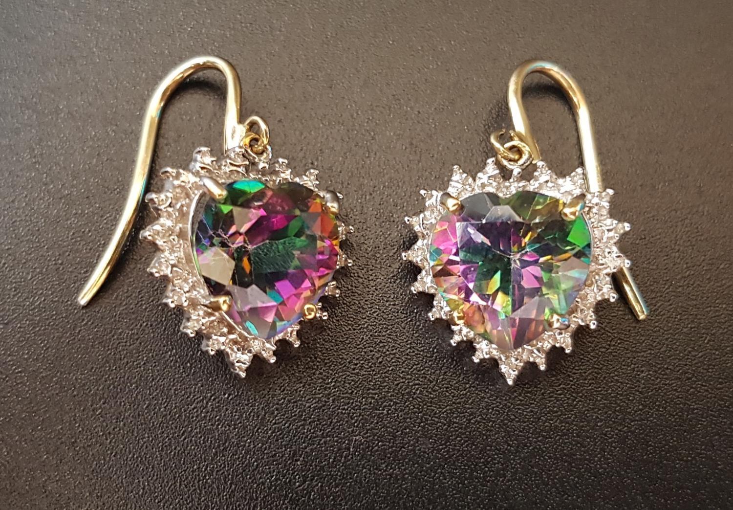 PAIR OF MYSTIC TOPAZ AND DIAMOND DROP EARRINGS the central heart cut mystic topaz on each in