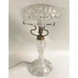 EARLY 20th CENTURY CUT GLASS MUSHROOM TABLE LAMP the removable shade with diamond cut decoration,
