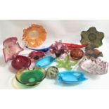 INTERESTING SELECTION OF COLOURFUL GLASSWARE including Murano style biomorphic shaped bowls, an