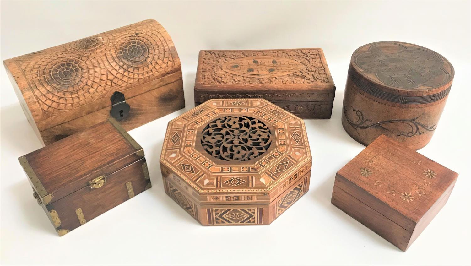 GOOD SELECTION OF SIX WOODEN BOXES including a an inlaid octagonal box with pierced central panel to