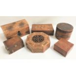 GOOD SELECTION OF SIX WOODEN BOXES including a an inlaid octagonal box with pierced central panel to