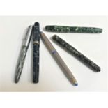 SELECTION OF FIVE VINTAGE FOUNTAIN PENS including a Lady Sheaffer Paisley blue and gold, Platignum