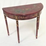 CHINESE RED LACQUER STYLE DEMI LUNE SIDE TABLE decorated with birds and flowers with gilt highlights