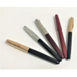 SELECTION OF FIVE VINTAGE FOUNTAIN PENS including a Parker 51 with a steel lid and claret body,