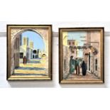 KIUSHAK Two Moroccan street scenes, acrylic on board, signed, 41cm x 32cm (2)