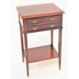 MAHOGANY AND INLAID SIDE TABLE with a moulded top above two short and one long cockbeaded drawers,