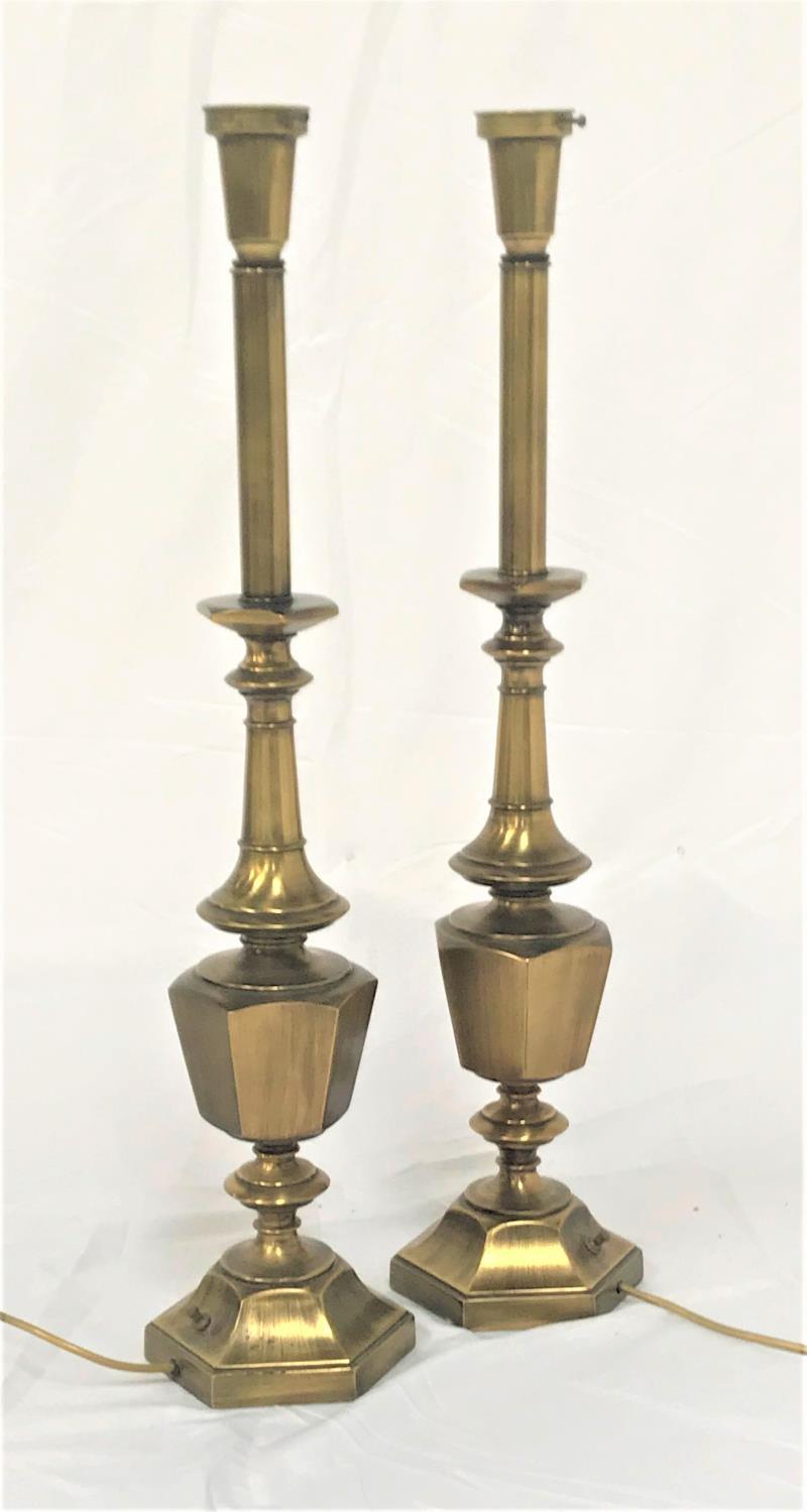 LARGE PAIR OF BRASS TABLE LAMPS raised on hexagonal bases with shaped bulbous columns, 80.5cm