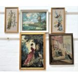SELECTION OF NEEDLEWORK PICTURES including a pair depicting birds, a lady with a dog in a wood, a