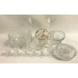 MIXED LOT OF GLASSWARE including six liquor glasses, two spill vases, large cut glass ashtray, two