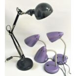 SELECTION OF MODERN DESK LIGHTS comprising a black angle poise and three smaller lamps in purple
