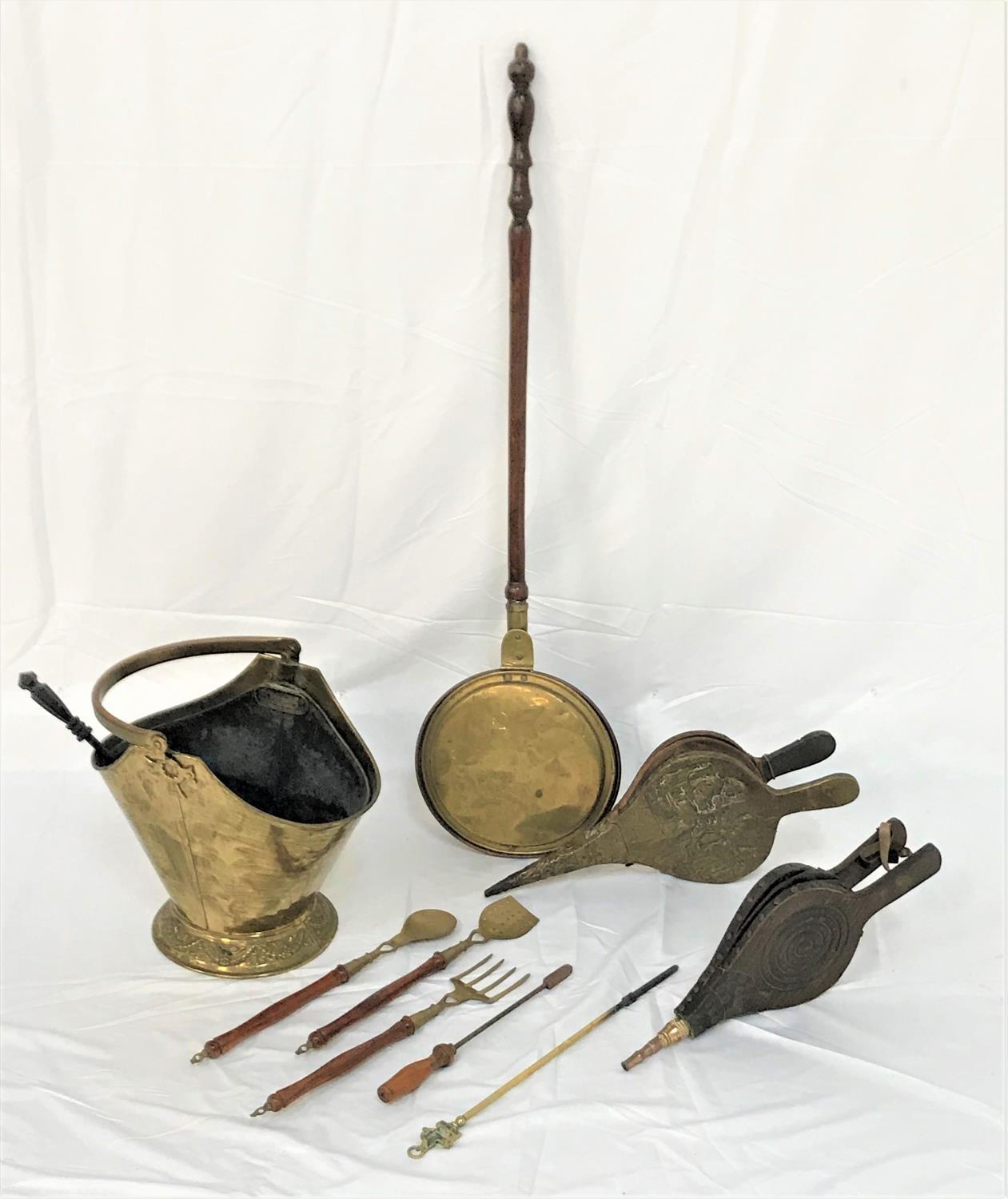 SELECTION OF METAL WARE including a brass coal helmet with liner and swing handle, warming pan