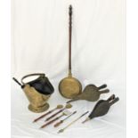 SELECTION OF METAL WARE including a brass coal helmet with liner and swing handle, warming pan