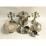 MIXED LOT OF METALWARE including a large lidded ice bucket, pair of Rubel candlesticks each with six