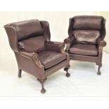 PAIR OF HANCOCK & MOORE WINGBACK ARMCHAIRS in a deep claret leather, with decorative stud detail,