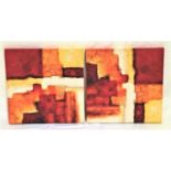 TWO ABSTRACT PRINTS each decorated with with irregular shaped colourful panels, 50cm x 50cm (2)