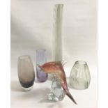 SELECTION OF COLOURED GLASSWARE including a dolphin, two shaped tapering vases, a tall shaped vase
